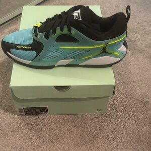 Jordan Trainer in Teal, Black and Neon Yellow